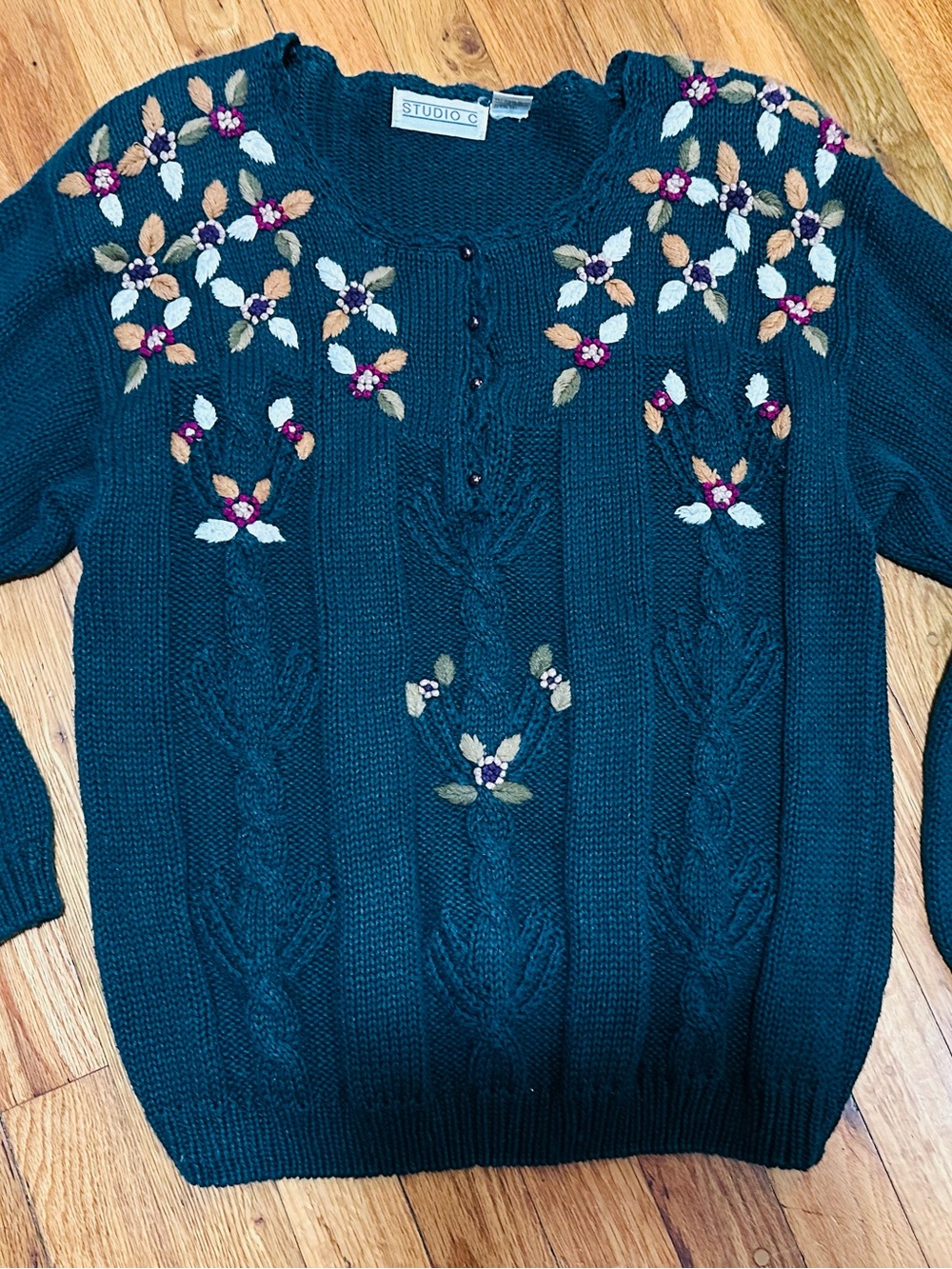 Studio C Teal Cable Quarter Button Size Med Knit Sweater with Floral Embroidery